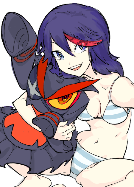 black_hair bra gyosone kill_la_kill living_clothes matoi_ryuuko navel panties senketsu short_hair smile striped striped_bra striped_panties underwear underwear_only