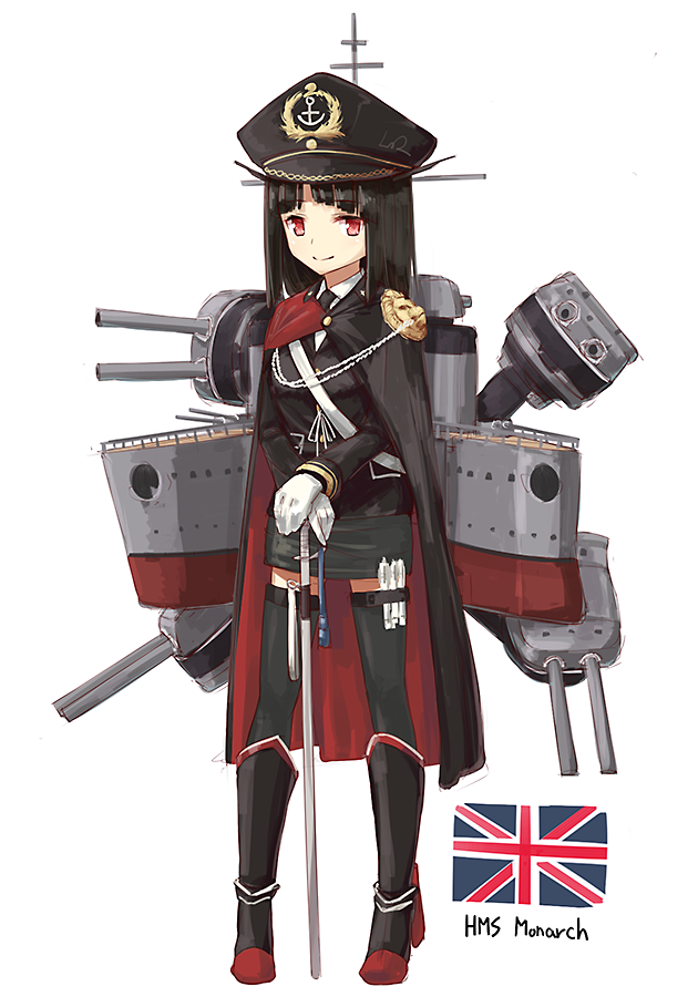 1girl bangs blunt_bangs character_name formal hms_monarch hms_monarch_(siirakannu) kantai_collection lo_(rogu_ryouiki) long_hair long_sleeves military military_uniform necktie original personification red_eyes royal_navy smile solo text thigh-highs uniform union_jack white_background zettai_ryouiki