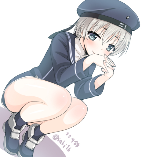 1girl beret blue_eyes blush clothes_writing hands_clasped hat kantai_collection looking_at_viewer sailor_dress sailor_hat saki_chisuzu short_hair silver_hair solo squatting twitter_username z1_leberecht_maass_(kantai_collection)