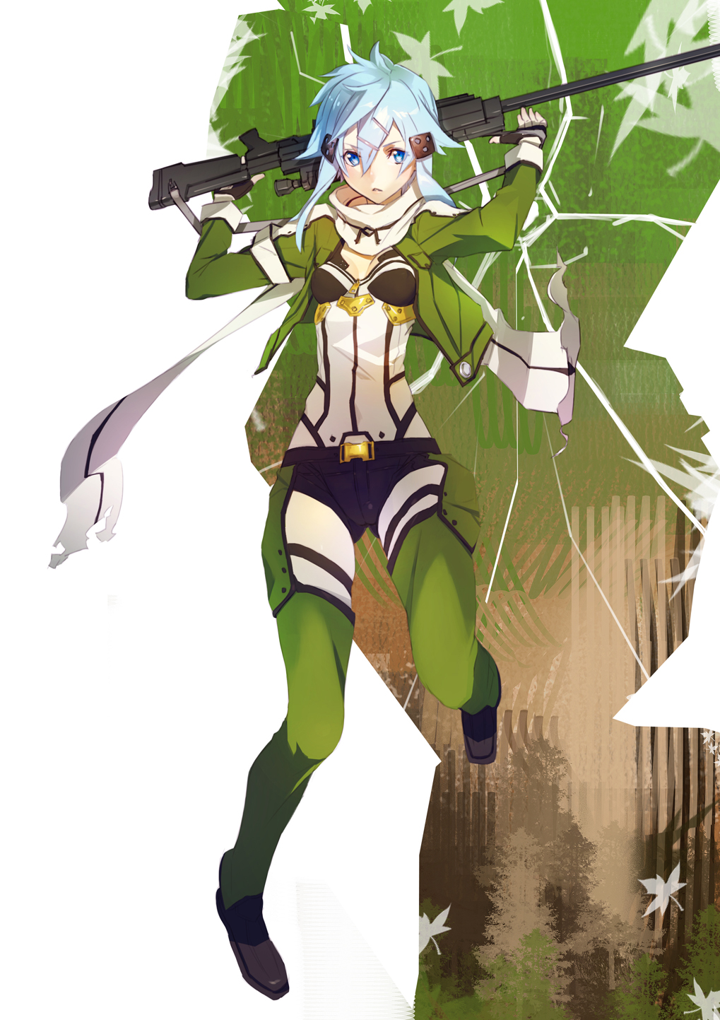 1girl blue_eyes blue_hair breasts chestnut_mouth cleavage fingerless_gloves gloves gun hair_ornament hairclip highres leaf lifting rifle scarf shinon_(sao) short_hair short_shorts shorts sniper_rifle solo sonech sword_art_online tree weapon