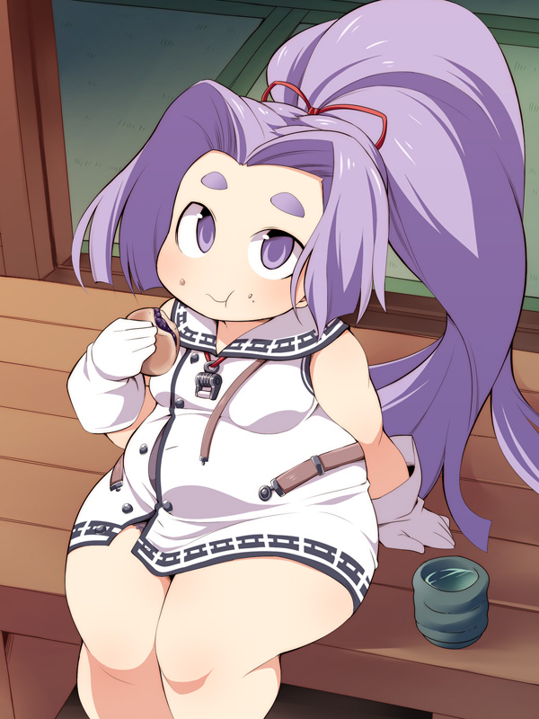 1girl bare_shoulders belly belt blush breasts eating eyebrows fat food food_on_face gloves hamburger hatsuharu_(kantai_collection) kantai_collection long_hair looking_at_viewer plump ponytail purple_hair short_eyebrows sitting solo tea thick_eyebrows thick_thighs thighs unbuttoned undone_belt ushi very_long_hair violet_eyes white_gloves wide_hips