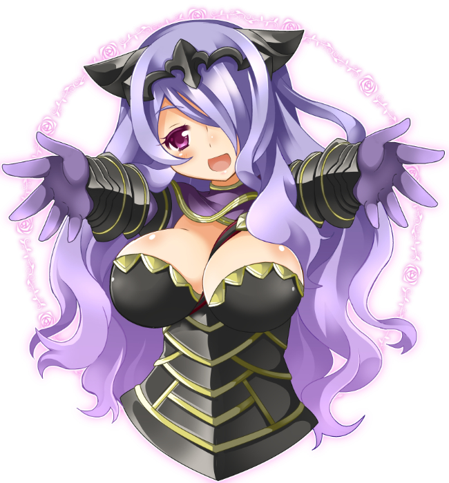 armor breasts camilla_(fire_emblem_if) cleavage fire_emblem fire_emblem_if hair_over_one_eye long_hair momosemocha outstretched_arms purple_hair violet_eyes