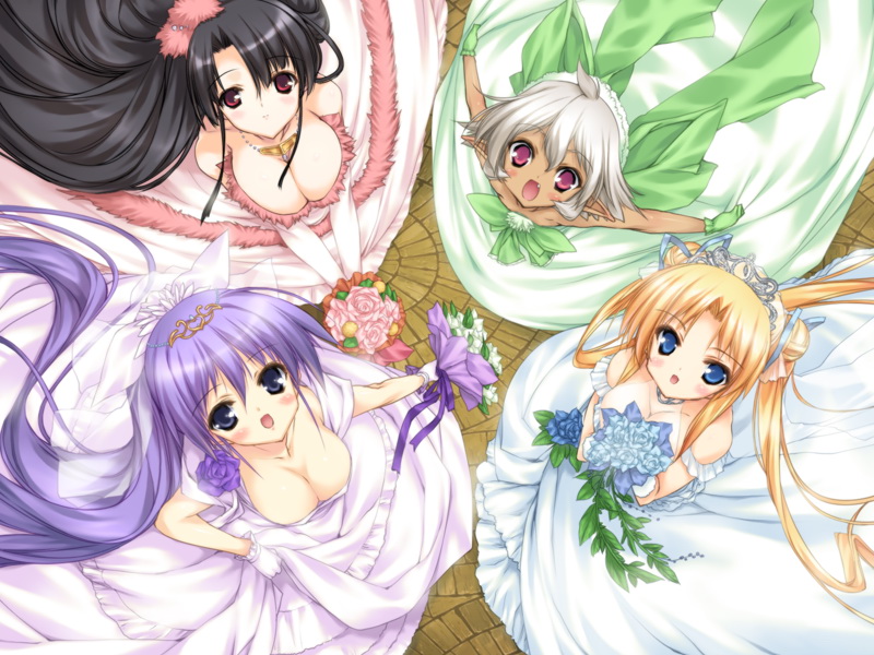 black_hair blonde_hair blue_eyes blush bouquet bow breasts bridal_veil bride cleavage dark_skin double_bun down_blouse dress elbow_gloves fang flat_chest flower from_above game_cg gloves jewelry kirisaki_kaede large_breasts long_hair looking_at_viewer looking_up momoiro_guardian multiple_girls necklace open_mouth outstretched_arms pink_eyes pointy_ears ponytail purple_hair red_eyes rena_fraulain rose shao shiromiya_shizuku short_hair spread_arms tiara twintails urotan veil very_long_hair wallpaper wedding_dress white_hair