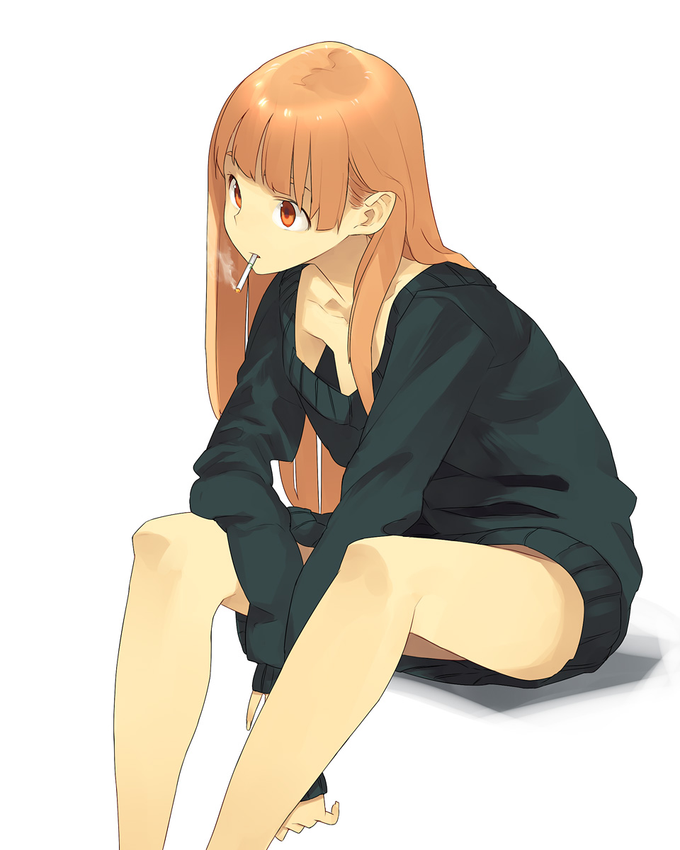 blunt_bangs bottomless cigarette down_blouse hama2224 highres legs long_hair orange_hair original red_eyes sitting smoking solo sweater sweater_dress