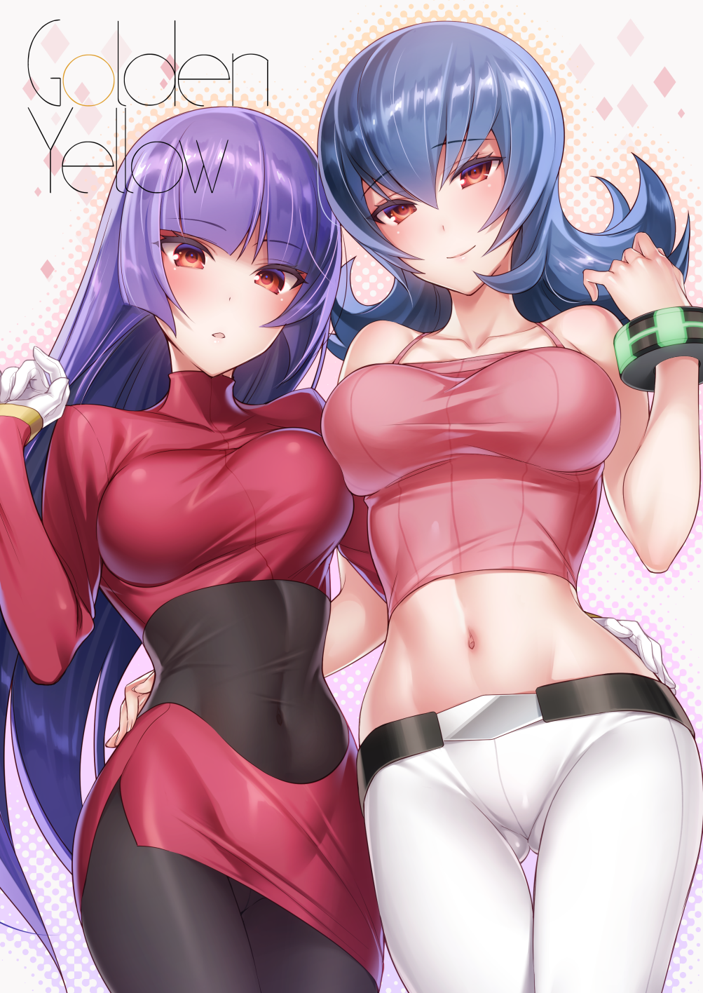2girls asymmetrical_docking bangs bare_arms bare_shoulders belt black_legwear blue_hair blunt_bangs blush bracelet breast_press breasts camisole cleavage closed_mouth collarbone commentary_request covered_navel cowboy_shot crotch_seam dual_persona eyebrows_visible_through_hair gloves gluteal_fold hair_between_eyes halftone halftone_background hand_on_another's_hip head_tilt highres hizuki_akira jewelry legs_together long_hair long_sleeves looking_at_viewer medium_breasts multiple_girls natsume_(pokemon) navel no_panties pantyhose parted_lips pink_skirt pokemon pokemon_(game) pokemon_frlg pokemon_hgss purple_hair red_eyes shiny shiny_skin shirt skin_tight skirt sleeveless smile spaghetti_strap standing stomach taut_clothes taut_shirt thigh_gap tsurime very_long_hair white_gloves