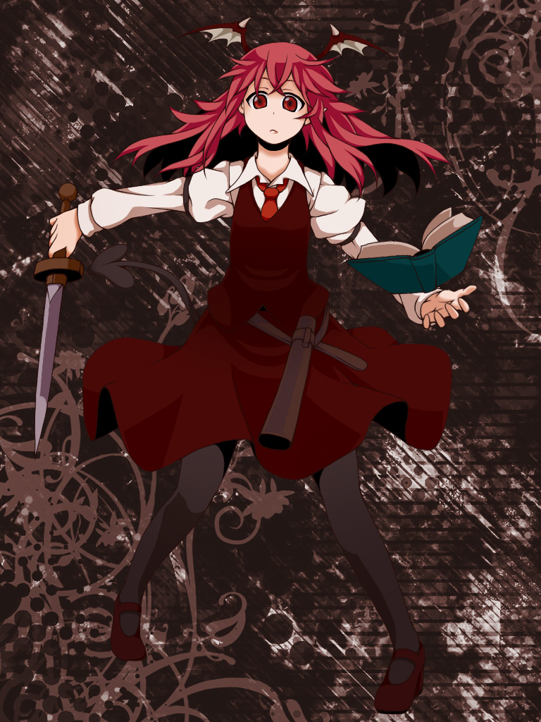 demon_tail head_wings koakuma legs long_hair mary_janes necktie pantyhose red_eyes red_hair shoes sword tail touhou tsumidango weapon