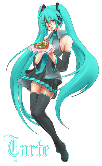 aqua_eyes aqua_hair cake detached_sleeves food hatsune_miku headset legs long_hair necktie pastry plate simple_background skirt solo thigh-highs thighhighs twintails very_long_hair vocaloid xilla zettai_ryouiki