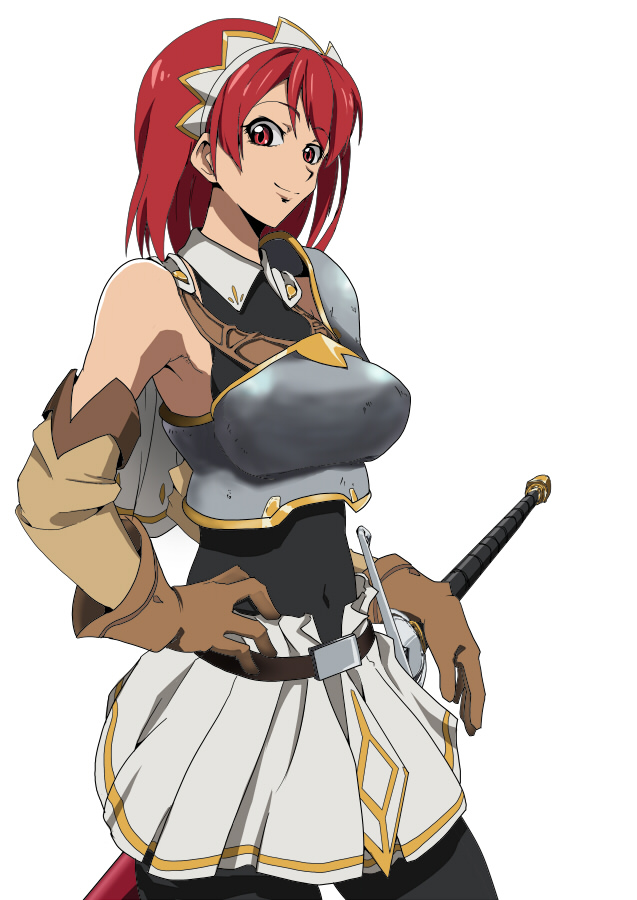 asahikawa cecily_cambell cecily_campbell gloves leotard red_eyes red_hair redhead seiken_no_blacksmith smile sword thighhighs weapon