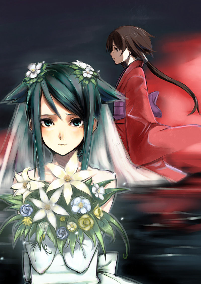 bridal_veil bride brown_hair dress flower japanese_clothes kimono kurame kusari_hime:_euthanasia multiple_girls red_eyes saya saya_no_uta takenaka_hideo veil wedding_dress