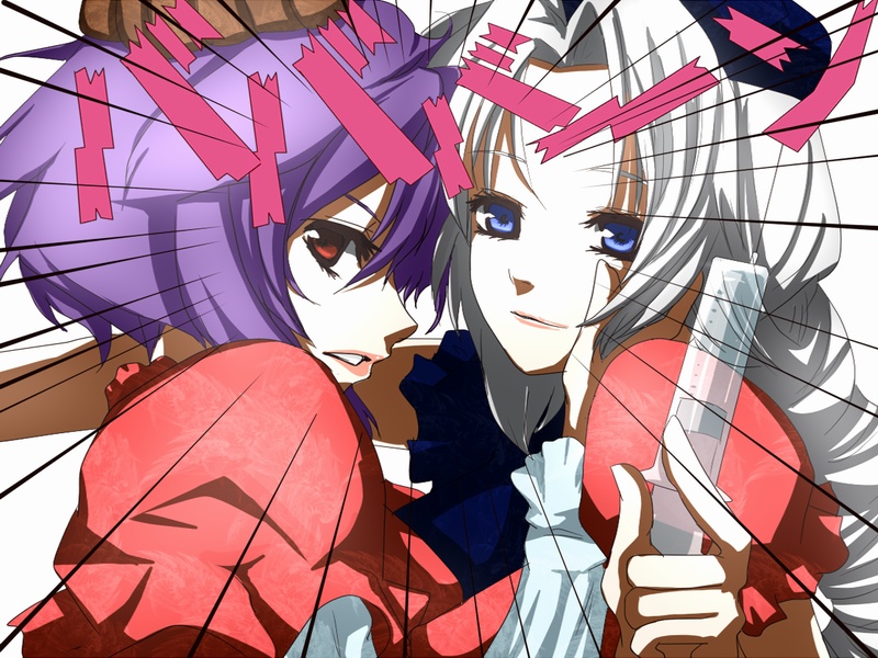 2girls blue_eyes multiple_girls purple_hair red_eyes silver_hair syringe touhou yagokoro_eirin yasaka_kanako