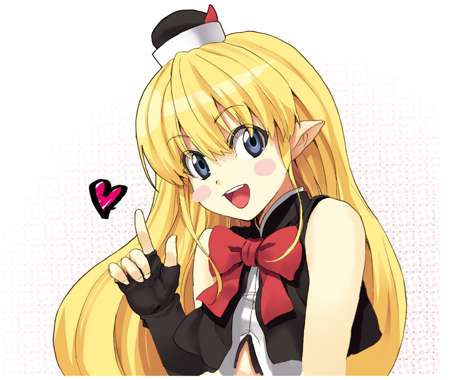 blonde_hair blue_eyes blush_stickers bow bust fingerless_gloves gloves hat heart index_finger_raised lisa_(seiken_no_blacksmith) long_hair mini_hat official_art open_mouth pointing pointing_up pointy_ears ribbon runa seiken_no_blacksmith smile solo