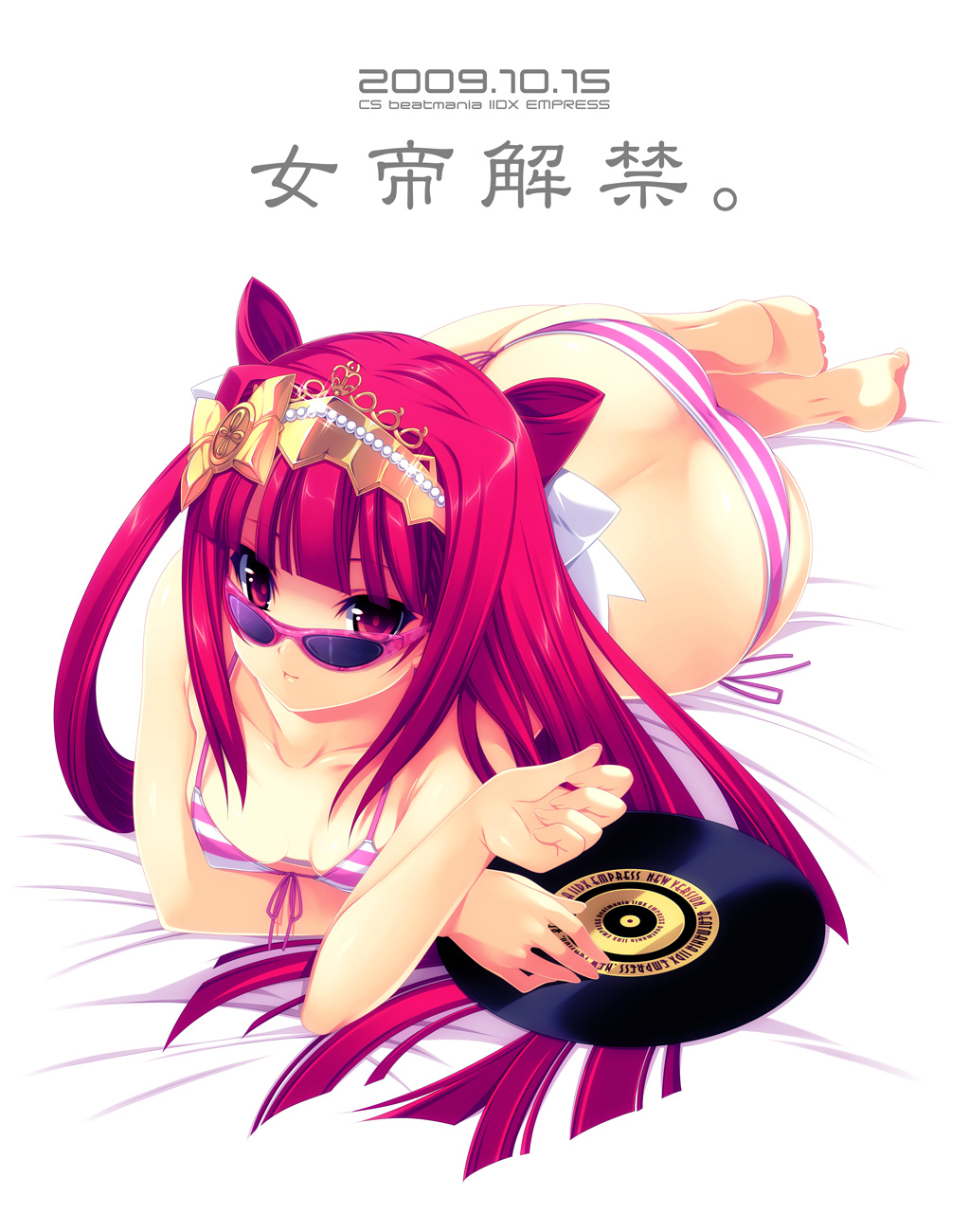 back bangs barefoot beatmania beatmania_iidx bikini blunt_bangs celica collarbone down_blouse erect_nipples front-tie_top glasses hair_rings hands highres kinoshita_ichi looking_at_viewer lying on_side record red_hair redhead smile striped striped_bikini striped_swimsuit sunglasses swimsuit two_side_up