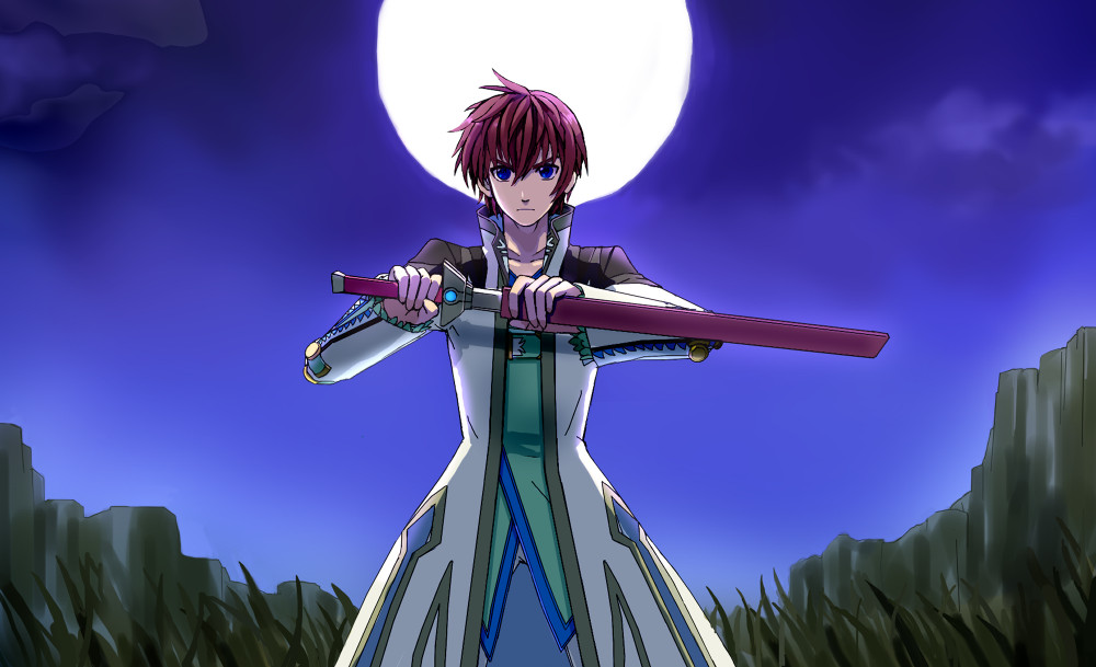 asbel_lhant blue_eyes male moon ready_to_draw shashin sheath short_hair solo sword tales_of_(series) tales_of_graces unsheathing weapon