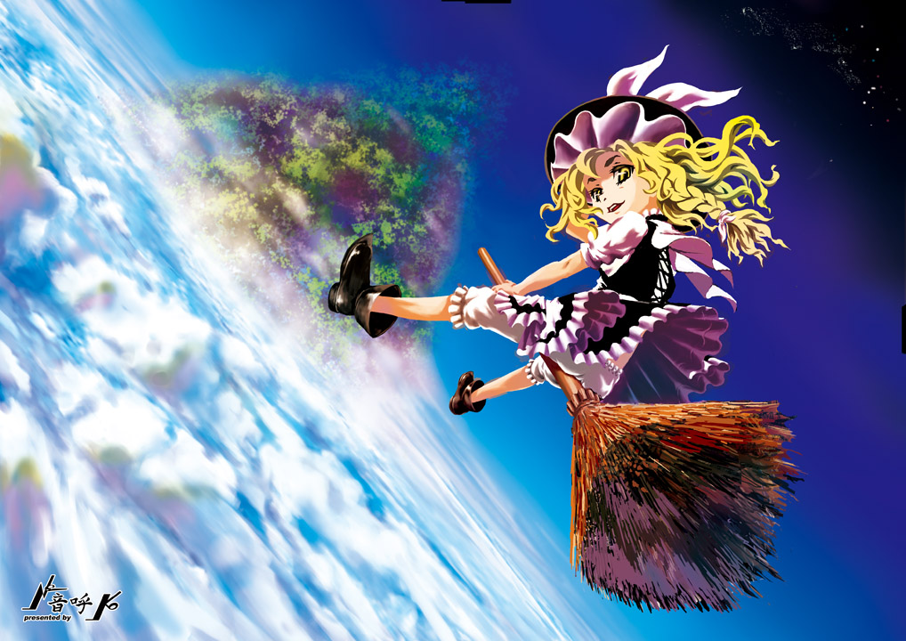 bad_id blonde_hair bloomers braid broom broom_riding flying hat kirisame_marisa otoko_(artist) short_hair solo touhou witch_hat yellow_eyes