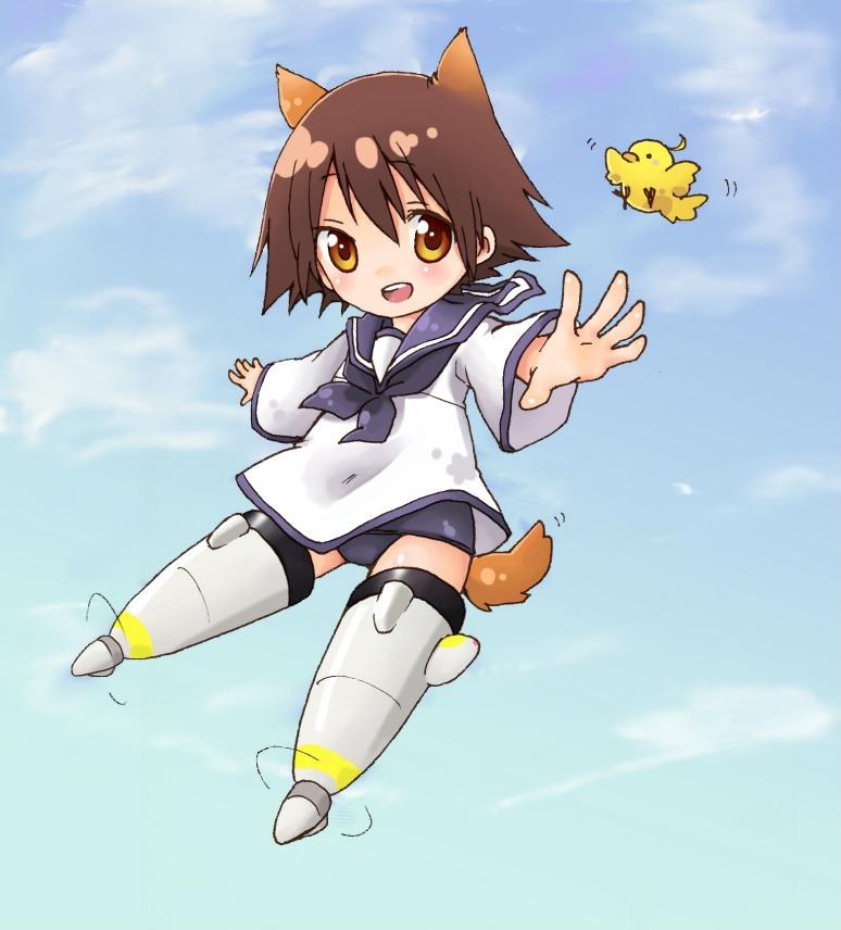 bird blush brown_eyes brown_hair chibi flying miyafuji_yoshika no_pants rimu rimu_(pixiv) school_swimsuit school_uniform short_hair sky strike_witches striker_unit striker_units swimsuit swimsuit_under_clothes tail