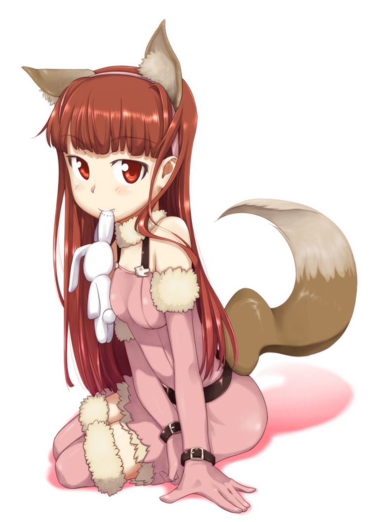 animal_ears bangs bare_shoulders brown_hair elbow_gloves fang fox_ears fox_tail gloves hands idolmaster long_hair minase_iori mouth_hold pink_legwear pink_thighhighs red_eyes solo stuffed_animal stuffed_bunny stuffed_rabbit stuffed_toy tail thigh-highs thighhighs ttomm
