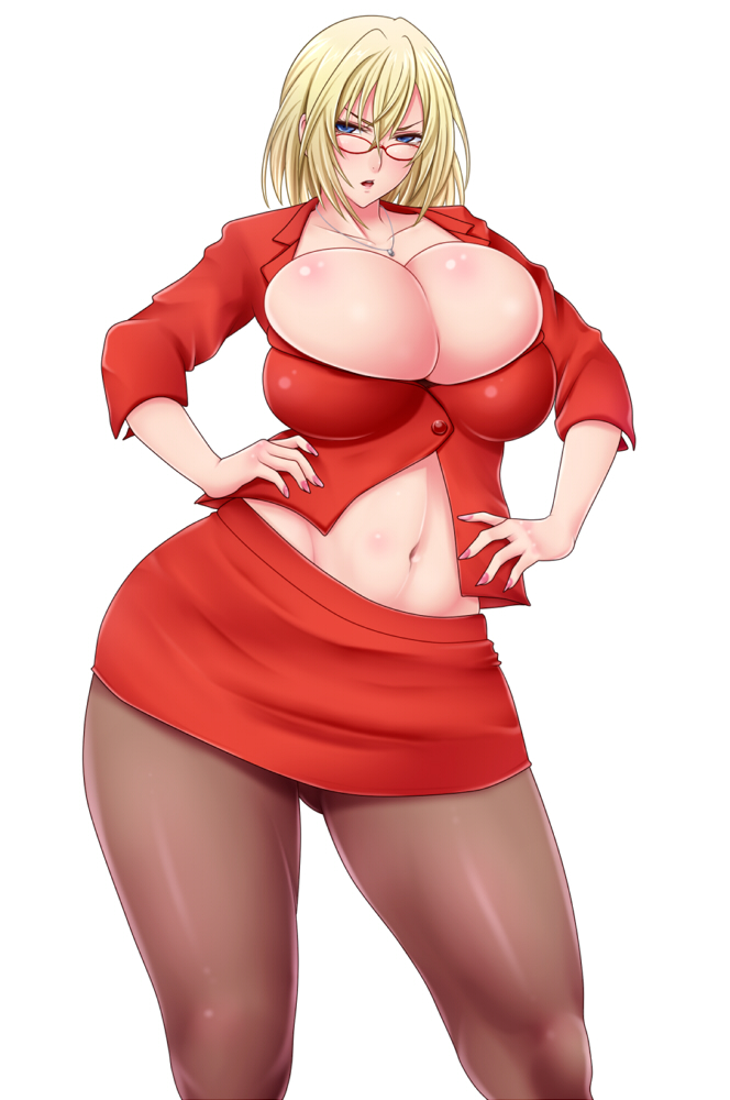 blonde_hair blue_eyes breasts bursting_breasts curvy glasses hands_on_hips huge_breasts jewelry navel necklace original pantyhose saogokushi short_hair simple_background skirt teacher thick_thighs thighs white_background wide_hips