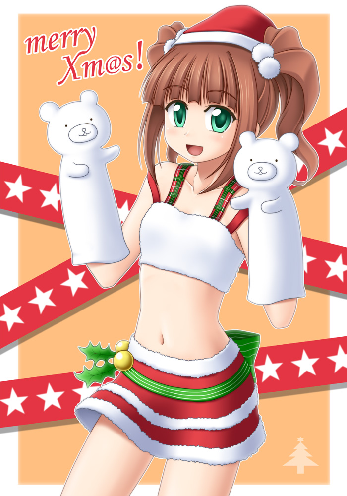 1girl brown_hair flat_chest green_eyes hand_puppet hat idolmaster merry_christmas open_mouth puppet santa_hat smile solo star takatsuki_yayoi twintails utomo
