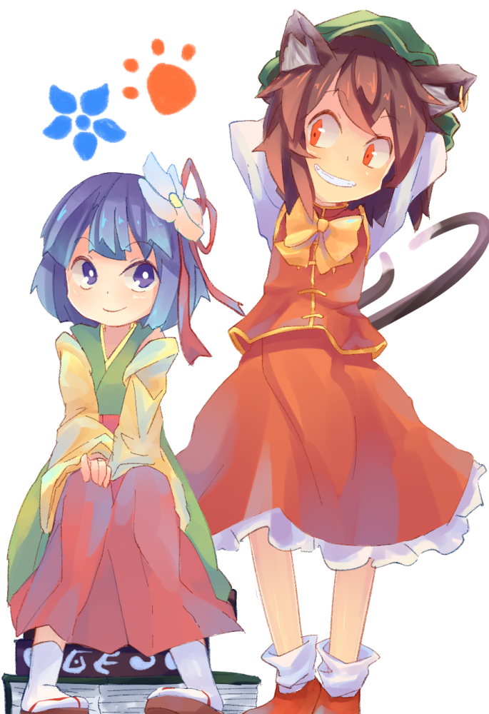 2girls amakoke animal_ears arms_behind_back book bow brown_hair cat_ears cat_tail chen earrings flower grin hair_flower hair_ornament hat hieda_no_akyuu japanese_clothes jewelry kimono looking_at_another multiple_girls multiple_tails purple_hair short_hair simple_background sitting smile tail touhou violet_eyes white_background