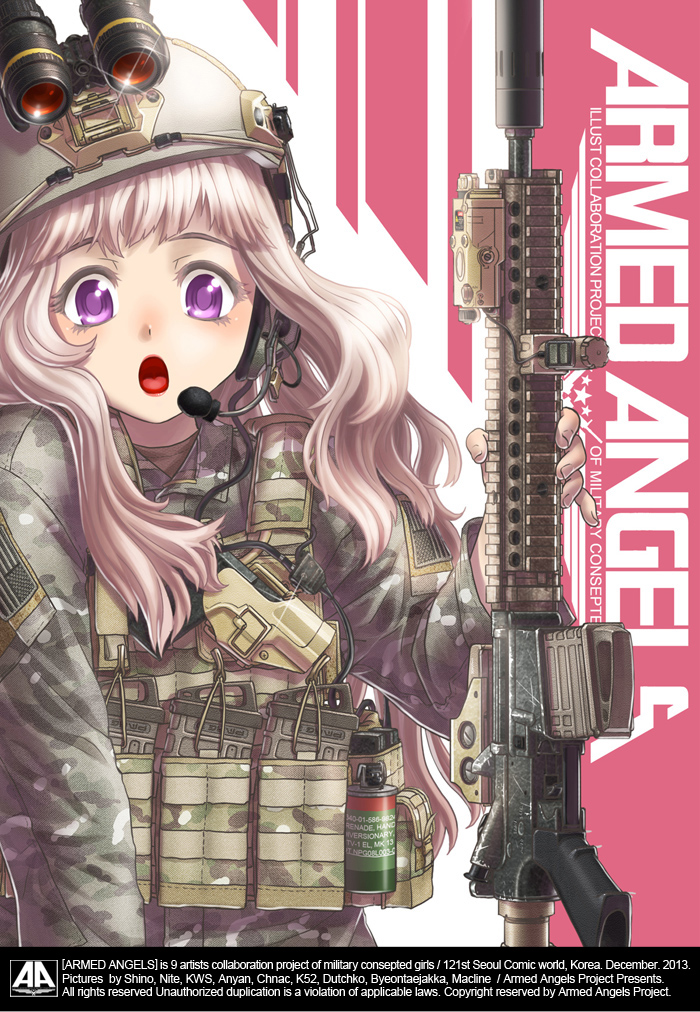 1girl :o armed_angels assault_rifle camouflage cover cover_page eotech gun headset kws load_bearing_vest long_hair m4_carbine night_vision_device o_o original pink_hair rifle solo suppressor vertical_foregrip violet_eyes weapon