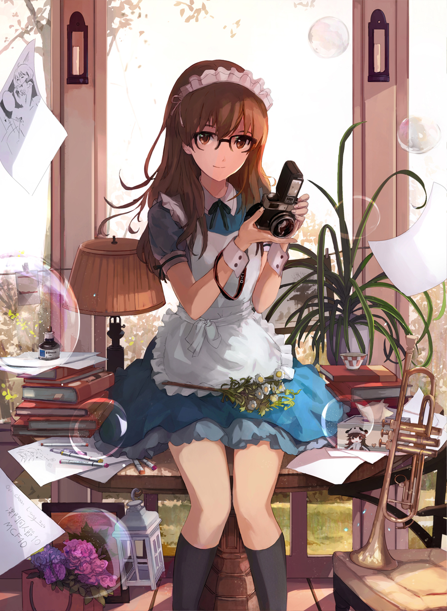 1girl apron black_legwear blue_dress book book_stack bowl brown_eyes brown_hair bubble camera chair dress flower frilled_apron glasses highres hydrangea indoors instrument kneehighs lamp lampshade light_smile long_hair looking_at_viewer maid maid_headdress marker ooi_choon_liang original paper plant sitting smile solo table tagme tissue_box trumpet window wing_collar