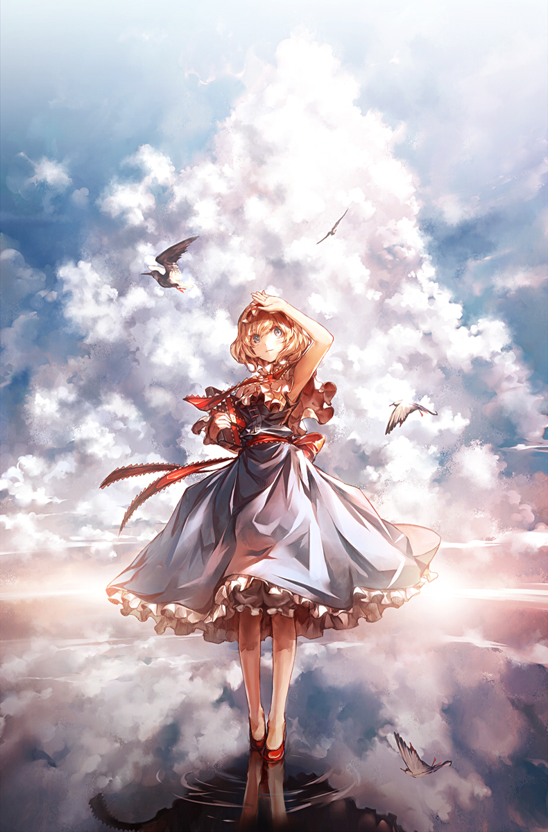 1girl alice_margatroid arm_up bird blonde_hair bloomers blue_eyes blue_sky book capelet clouds cloudy_sky dress frilled_dress frills grimoire hand_to_head highres holding holding_book kozou_(soumuden) looking_up red_shoes reflection ribbon ripples shoes short_hair sky solo standing_on_water touhou underwear