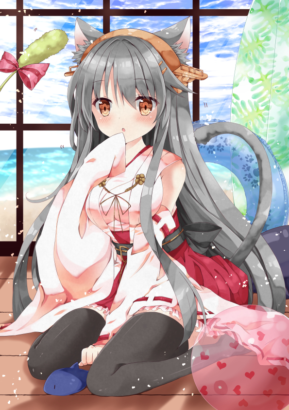 1girl animal_ears ball black_hair brown_eyes cat_ears cat_tail cat_teaser detached_sleeves fish hairband haruna_(kantai_collection) heart innertube japanese_clothes kantai_collection kemonomimi_mode long_hair looking_at_viewer nanase_nao nontraditional_miko open_mouth sitting solo tail wide_sleeves