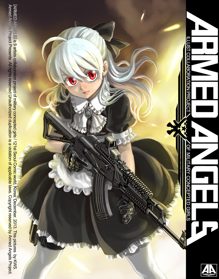 1girl ak-47 armed_angels assault_rifle cover cover_page dress eotech gun kws original pantyhose pleated_skirt red_eyes rifle silver_hair skirt solo trigger_discipline vertical_foregrip weapon white_legwear