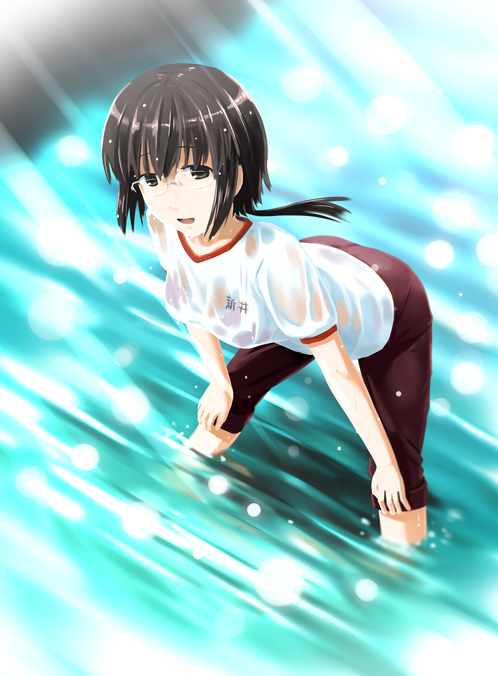 1girl :d arai_tamako barakamon black_hair brown_eyes glasses gym_uniform hands_on_knees highres light_rays ogata open_mouth pants pants_rolled_up ponytail see-through smile solo sunbeam sunlight track_pants water wet wet_clothes