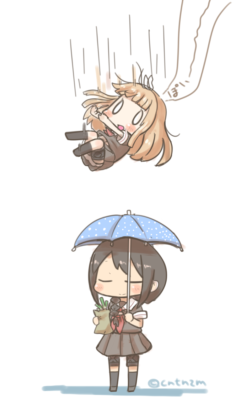 0_0 2girls bag black_hair blonde_hair braid chibi closed_eyes falling hair_ribbon highres inishie kantai_collection long_hair multiple_girls open_mouth ribbon shigure_(kantai_collection) shopping_bag spring_onion too_literal umbrella yuudachi_(kantai_collection)