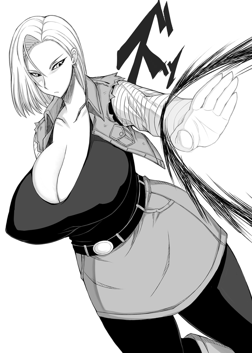 1girl android_18 boots breasts cleavage dragon_ball dragon_ball_z earrings energy_beam greyscale highres huge_breasts jewelry knee_boots monochrome otogi_tetsurou pantyhose short_hair skirt solo tsurime vest