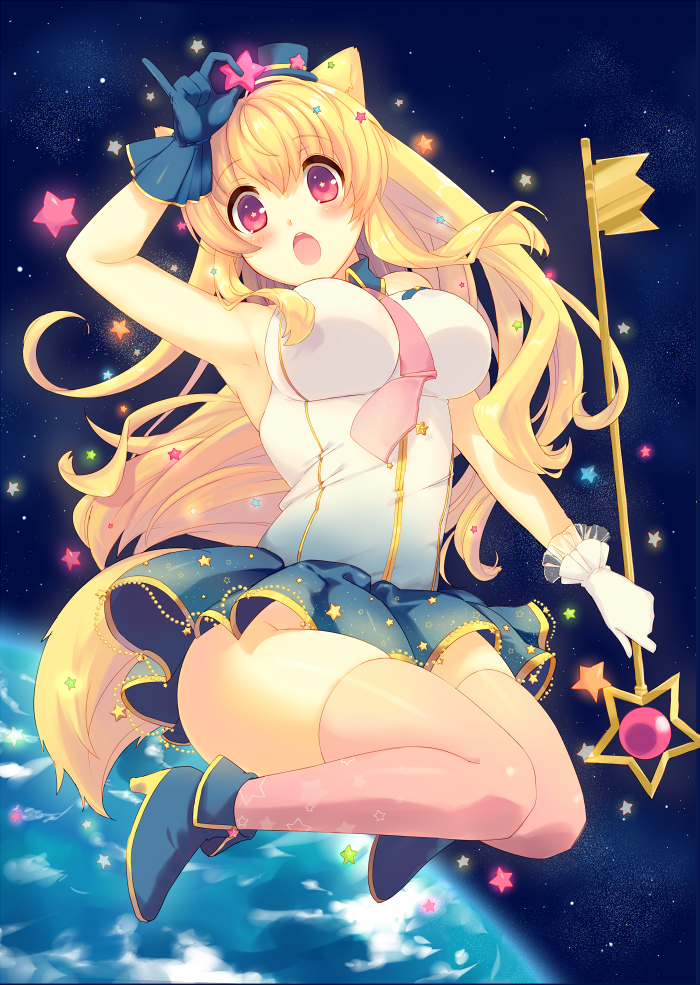 1girl :o animal_ears arm_up armpits bare_shoulders blonde_hair blue_gloves blue_shoes blue_skirt breasts earth gloves grabbing hat high_heels key kinoko knees_together_feet_apart large_breasts legs_folded long_hair looking_at_viewer mini_top_hat miniskirt necktie no_panties open_mouth original perky_breasts pink_eyes shiny shiny_skin skindentation skirt solo space star tail thigh-highs top_hat wand white_gloves
