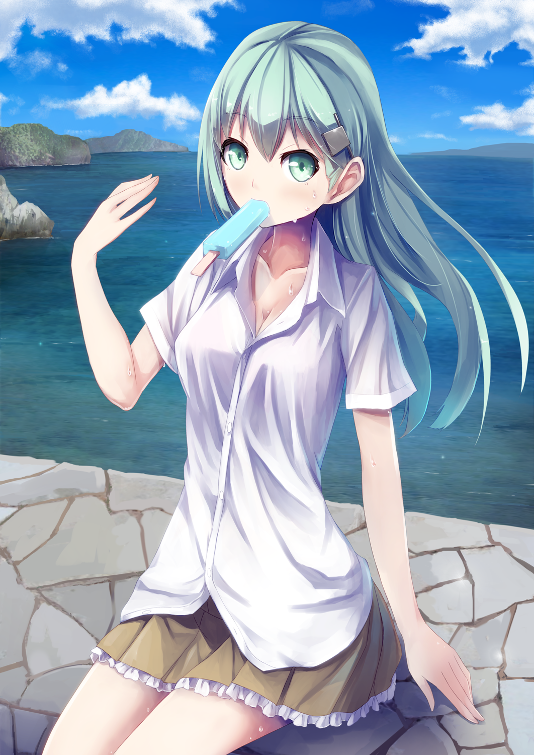 1girl blue_sky brown_skirt food frilled_skirt frills green_eyes green_hair hair_ornament hairclip highres hot ice_cream kantai_collection konkito long_hair looking_at_viewer mouth_hold ocean pleated_skirt popsicle short_sleeves sitting skirt sky solo suzuya_(kantai_collection) sweat sweating