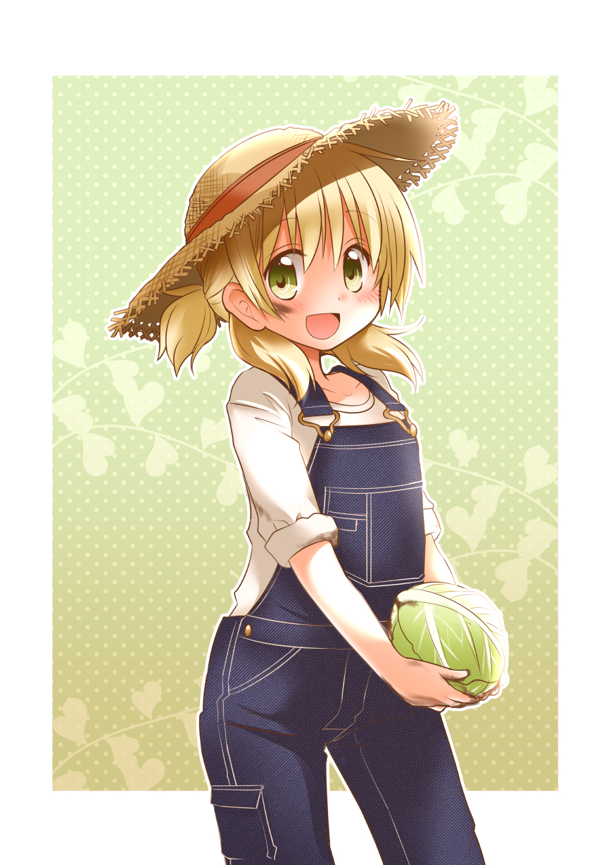 1girl :d blonde_hair blush cabbage collarbone cowboy_shot green_background green_eyes hat heart hidamari_sketch highres holding long_hair looking_at_viewer miyako open_mouth outline outside_border overalls polka_dot polka_dot_background ponytail quro_(black_river) shirt short_ponytail sleeves_rolled_up smile solo straw_hat unmoving_pattern white_border