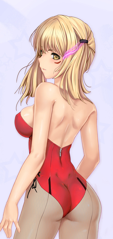 1girl ass bare_back blonde_hair blush breasts hair_ornament leotard long_hair only_haruka open_mouth phantasy_star phantasy_star_online_2 simple_background solo tattoo yellow_eyes