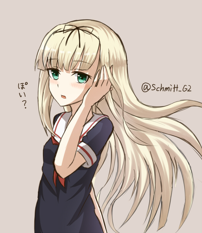 1girl bangs blonde_hair blunt_bangs blush bust green_eyes hair_ribbon hand_on_own_head kantai_collection long_hair looking_at_viewer neckerchief rabochicken ribbon sailor_collar school_uniform serafuku translated twitter_username yuudachi_(kantai_collection)