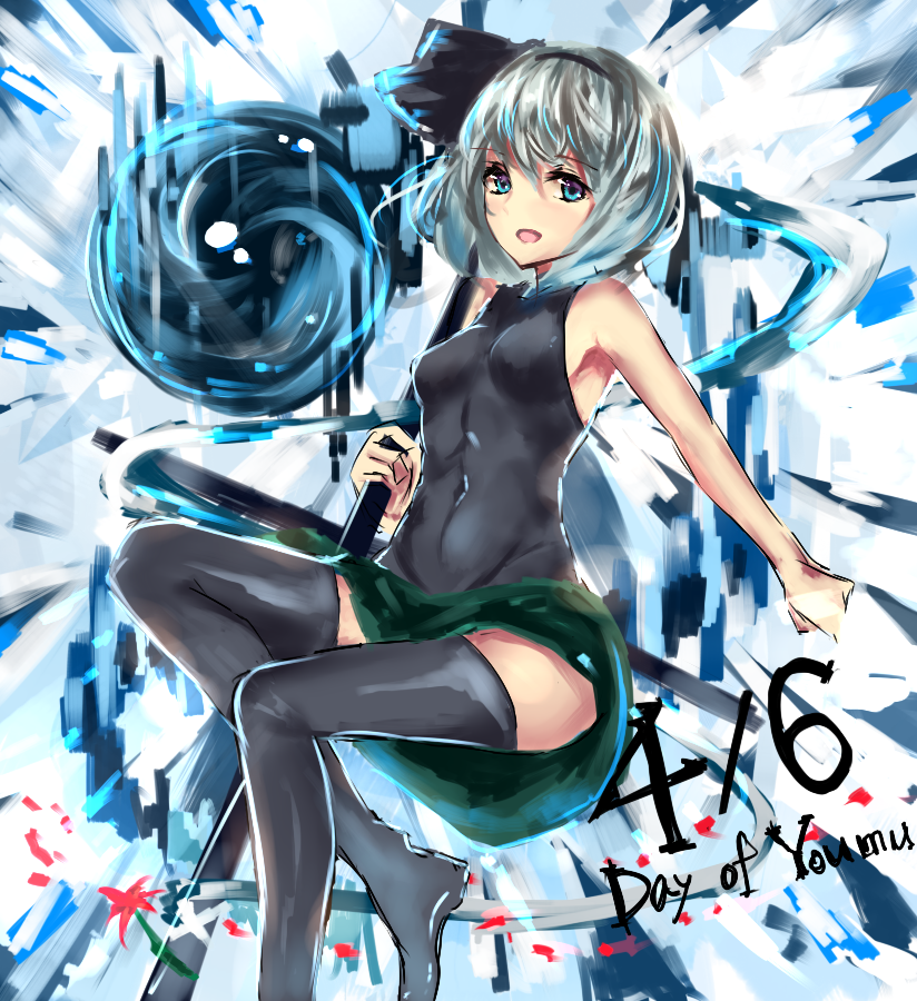 1girl black_legwear blue_eyes covered_navel dated hairband katana konpaku_youmu leotard open_mouth short_hair silver_hair sketch skirt small_breasts solo sword takane_soprano thigh-highs touhou weapon