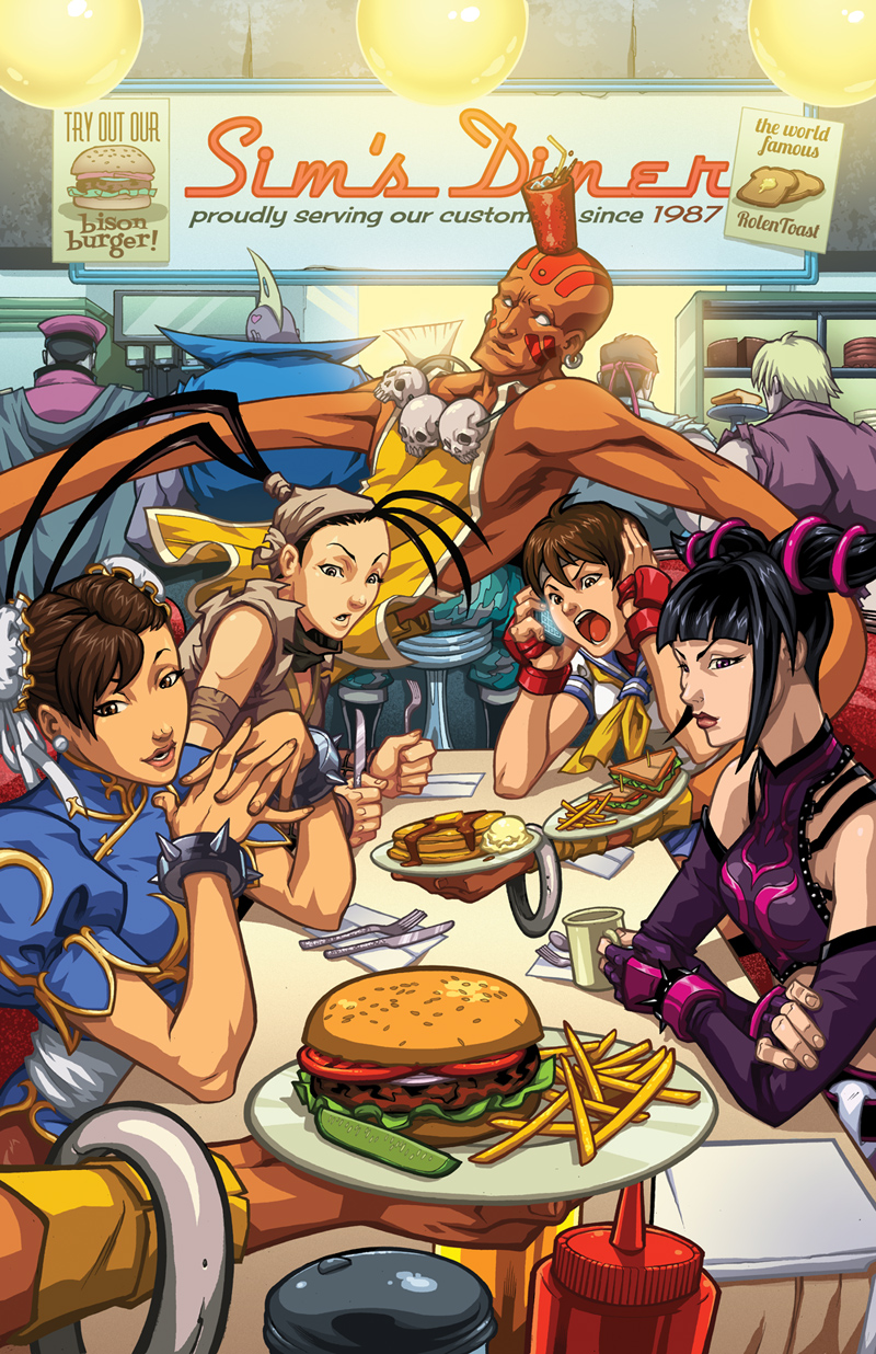 4girls 6+boys birdie_(street_fighter) cammy_white cellphone chun-li dhalsim edwin_huang fast_food food french_fries guile hamburger han_juri highres ibuki_(street_fighter) kasugano_sakura ken_masters multiple_boys multiple_girls phone ryuu_(street_fighter) sandwich street_fighter tagme udon_entertainment vega