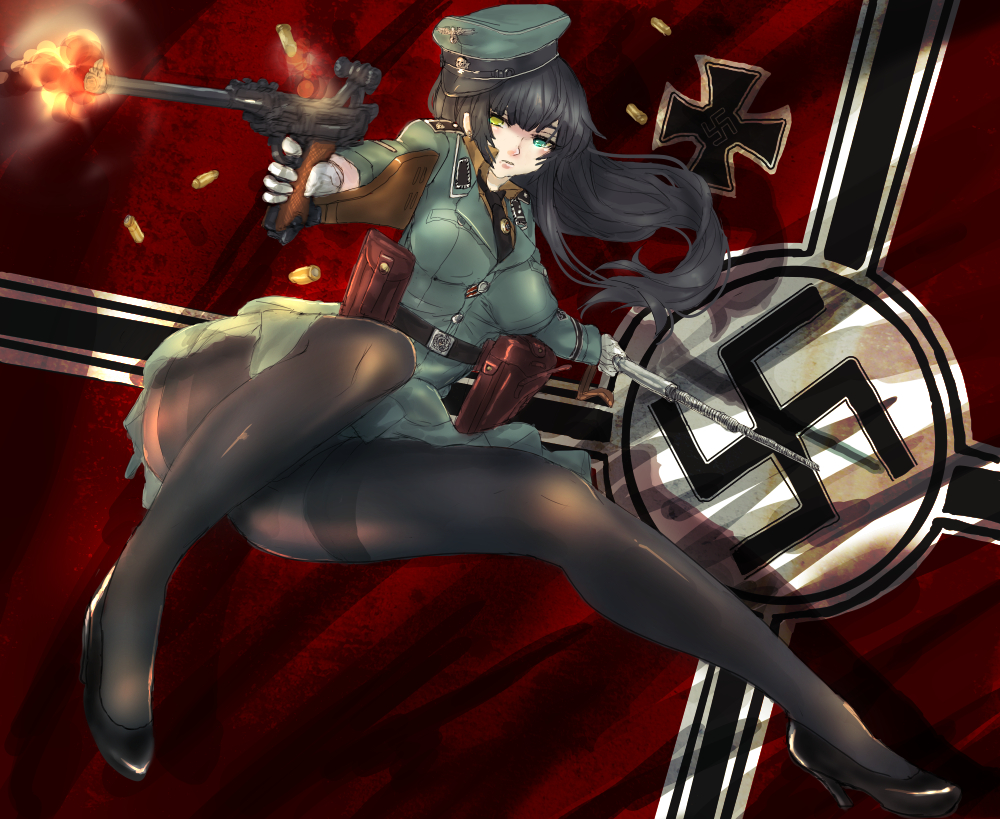 1girl belt black_hair black_legwear casing_ejection firing gun handgun hat heterochromia high_heels holster iron_cross long_hair luger_p08 military military_uniform nazi nazi_flag necktie original pantyhose panzer peaked_cap shell_casing swastika uniform weapon