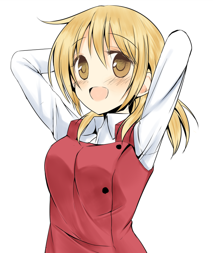 1girl arms_behind_head arms_up blonde_hair blush dan_ball hidamari_sketch miyako open_mouth school_uniform simple_background smile solo white_background yellow_eyes