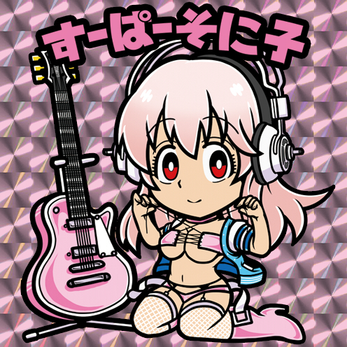 1girl alternate_color bandeau blush breasts chibi cleavage fishnet_legwear fishnets guitar headphones ichi/mine instrument jacket large_breasts long_hair looking_at_viewer lowres navel nitroplus open_clothes open_jacket pink_hair red_eyes smile solo super_sonico thigh-highs