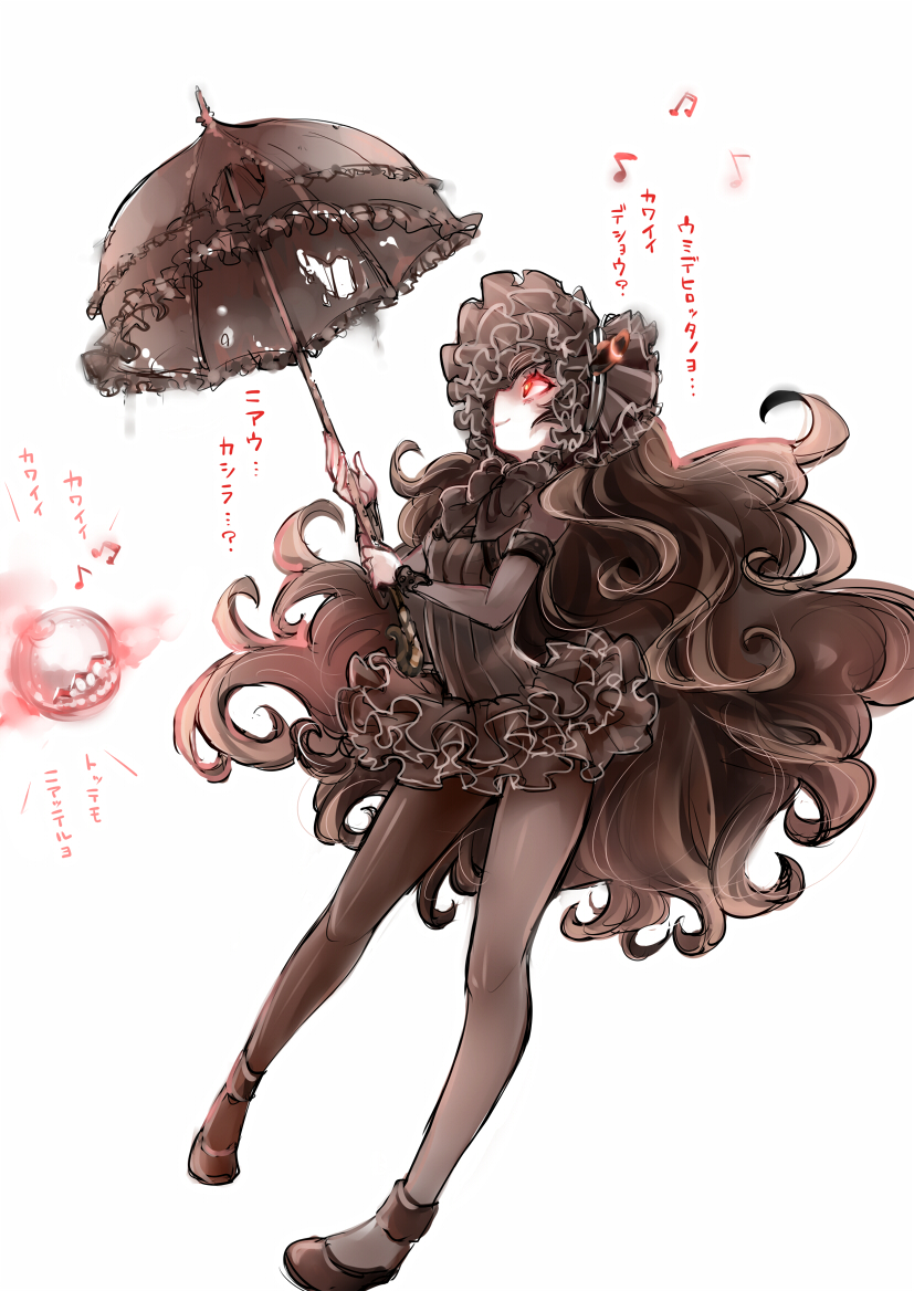 1girl black_legwear brown_hair glowing glowing_eyes gothic_lolita isolated_island_oni kantai_collection lolita_fashion long_hair mary_janes musical_note pantyhose parasol red_eyes shinkaisei-kan shoes simple_background smile solo tobi_(one) translation_request umbrella very_long_hair white_background