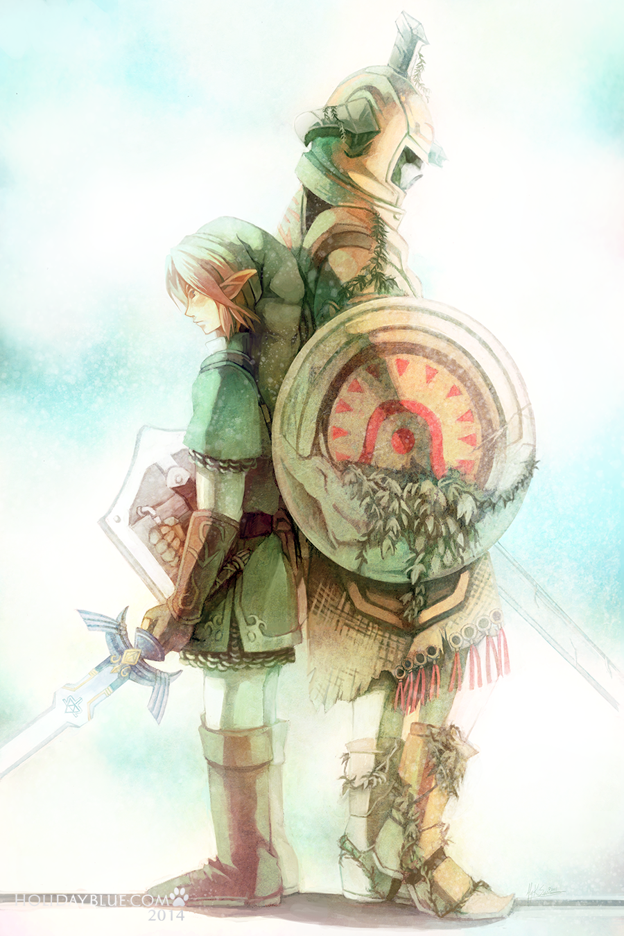 2boys armor back-to-back blonde_hair chainmail fingerless_gloves gloves height_difference helmet hero's_shade highres horned_helmet ivy link male master_sword multiple_boys pointy_ears ruina shield sword the_legend_of_zelda twilight_princess weapon