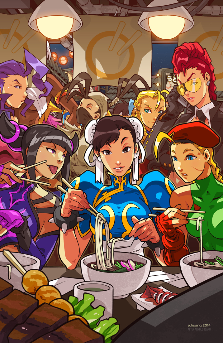 6+girls :p ahoge antenna_hair aqua_eyes beret black_hair blonde_hair blue_eyes breasts bun_cover cammy_white cellphone china_dress chinese_clothes chopsticks chun-li crimson_viper edwin_huang elena_(street_fighter) food hair_bun han_juri hat high_ponytail huge_ahoge ibuki_(street_fighter) kanzuki_karin kasugano_sakura leotard meat multiple_girls ninja phone poison_(final_fight) purple_hair rainbow_mika rose_(street_fighter) scar shooting_glasses street_fighter tongue tongue_out udon udon_entertainment under_boob violet_eyes