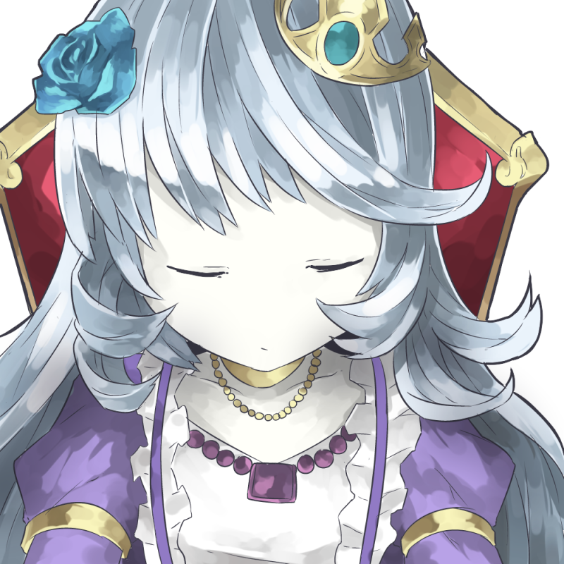 1girl bust chair choker closed_eyes collarbone crown flower frills hair_flower hair_ornament jewelry juliet_sleeves long_hair long_sleeves mini_crown mosamune necklace no_nose puffy_long_sleeves puffy_sleeves puzzle_&amp;_dragons rose silver_hair simple_background sleeping sleeping_beauty_(p&amp;d) solo white_background