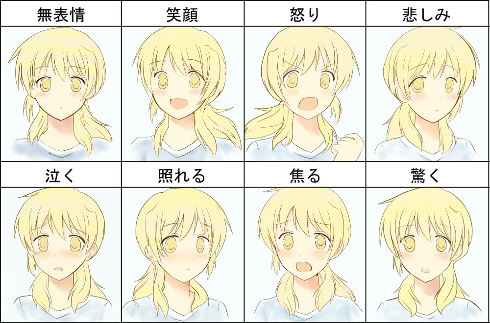 1girl blonde_hair blush bust dan_ball expressions frown hidamari_sketch long_hair looking_at_viewer miyako open_mouth smile solo translation_request yellow_eyes
