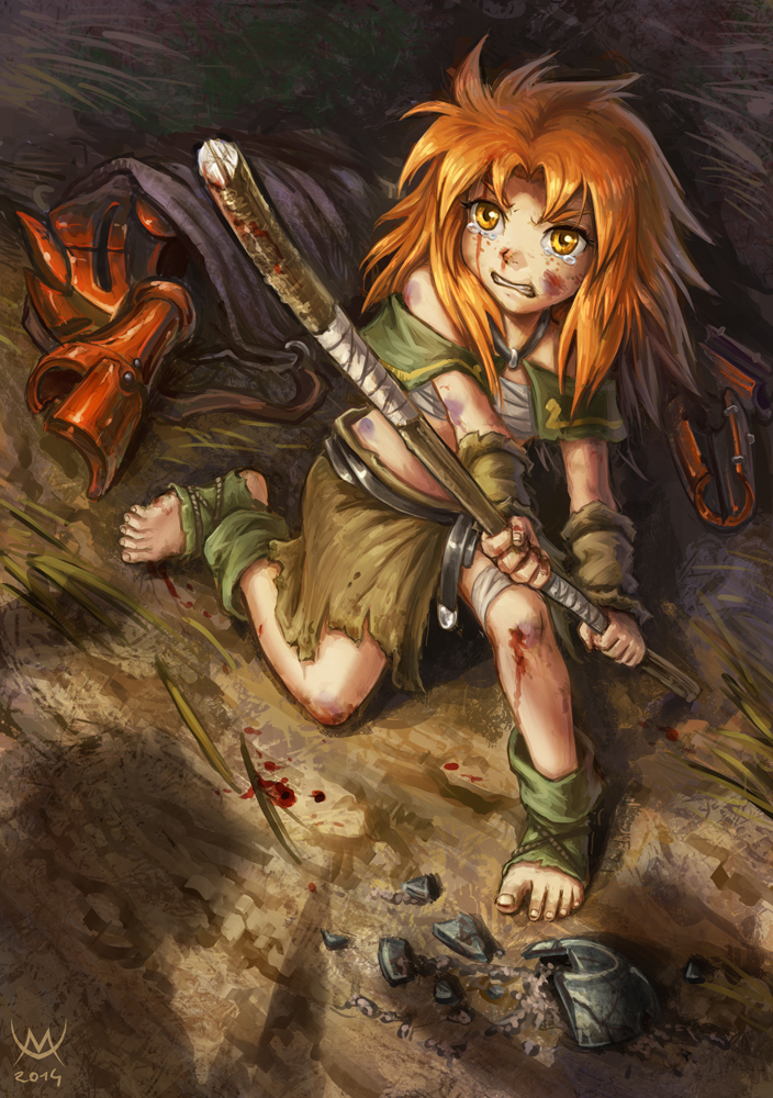 1girl armor barefoot blood blood_on_face dirty_feet feet freckles gloves injury les_chevaucheurs long_hair maxa' peasant phenice_walholl poverty_outfit redhead scar soles stick tears wound