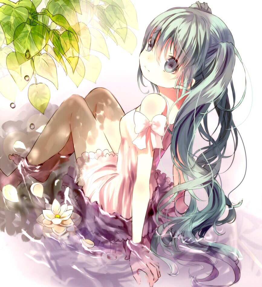 1girl arm_support dress feet_in_water green_eyes green_hair hatsune_miku leaf long_hair looking_back opopowa shade sitting soaking_feet solo twintails very_long_hair vocaloid water