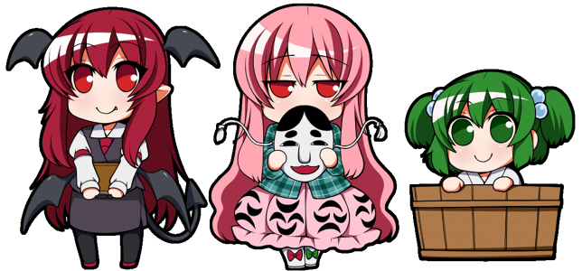 3girls book bow bubble_skirt bucket chibi demon_girl demon_tail demon_wings eichi_yuu expressionless face_mask fang flat_gaze green_eyes green_hair hair_bobbles hair_ornament hata_no_kokoro in_bucket in_container japanese_clothes juliet_sleeves kimono kisume koakuma long_hair long_sleeves mask multiple_girls pink_eyes pink_hair pointy_ears puffy_sleeves red_eyes redhead shirt skirt skirt_set smile tail touhou two_side_up very_long_hair vest wide_sleeves wings yukata