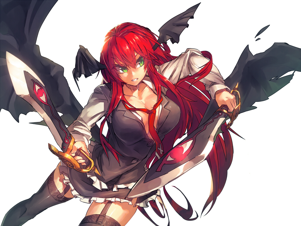 1girl bat_wings black_legwear black_wings breasts cleavage collarbone collared_shirt dual_wielding frilled_skirt frills garter_straps green_eyes head_wings holding holding_sword holding_weapon koakuma large_breasts long_hair long_sleeves open_clothes open_shirt redhead simple_background skirt skirt_set solo sword teeth temmasa22 thigh-highs touhou very_long_hair vest weapon white_background wings